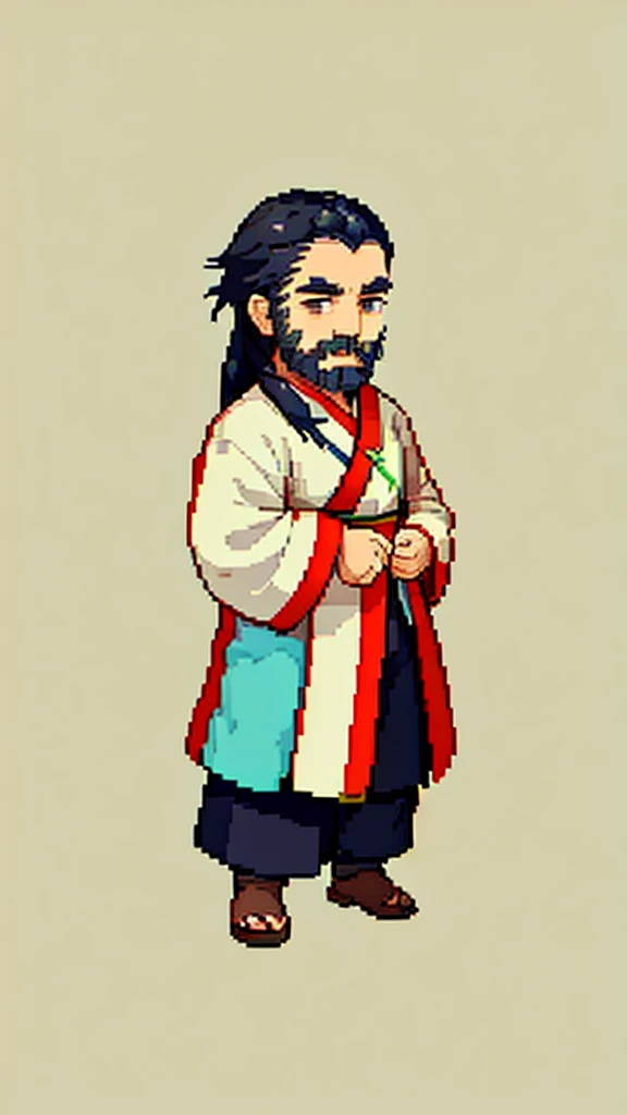Old man in ancient Chinese costume、Wise Old Man、Looking into the camera、Hair is tied in a bun、Long sleeve、Hanfu、Black Hair、Standing and posing with arms crossed、Pixel art、(masterpiece, highest quality, highest quality), pixel,pixel art,whole body,Characters in Romance of the Three Kingdoms、Transform、beard、Short Deformation、Old man with long beard