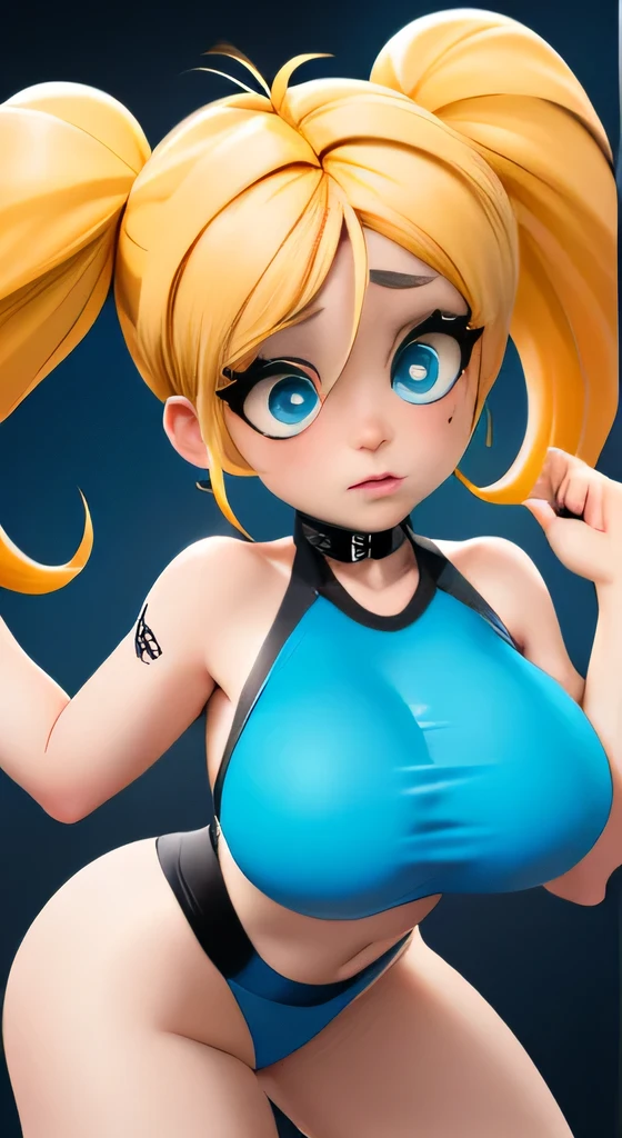 Bubbles from Powerpuff Girls as a Violent Mature Themed Action Anime, blonde pigtails:1.4, ecchi battle damage and wear, Damaged and Ripped clothes, large bouncy breasts:1.2, blue and black clothes, nsfw rips in clothes