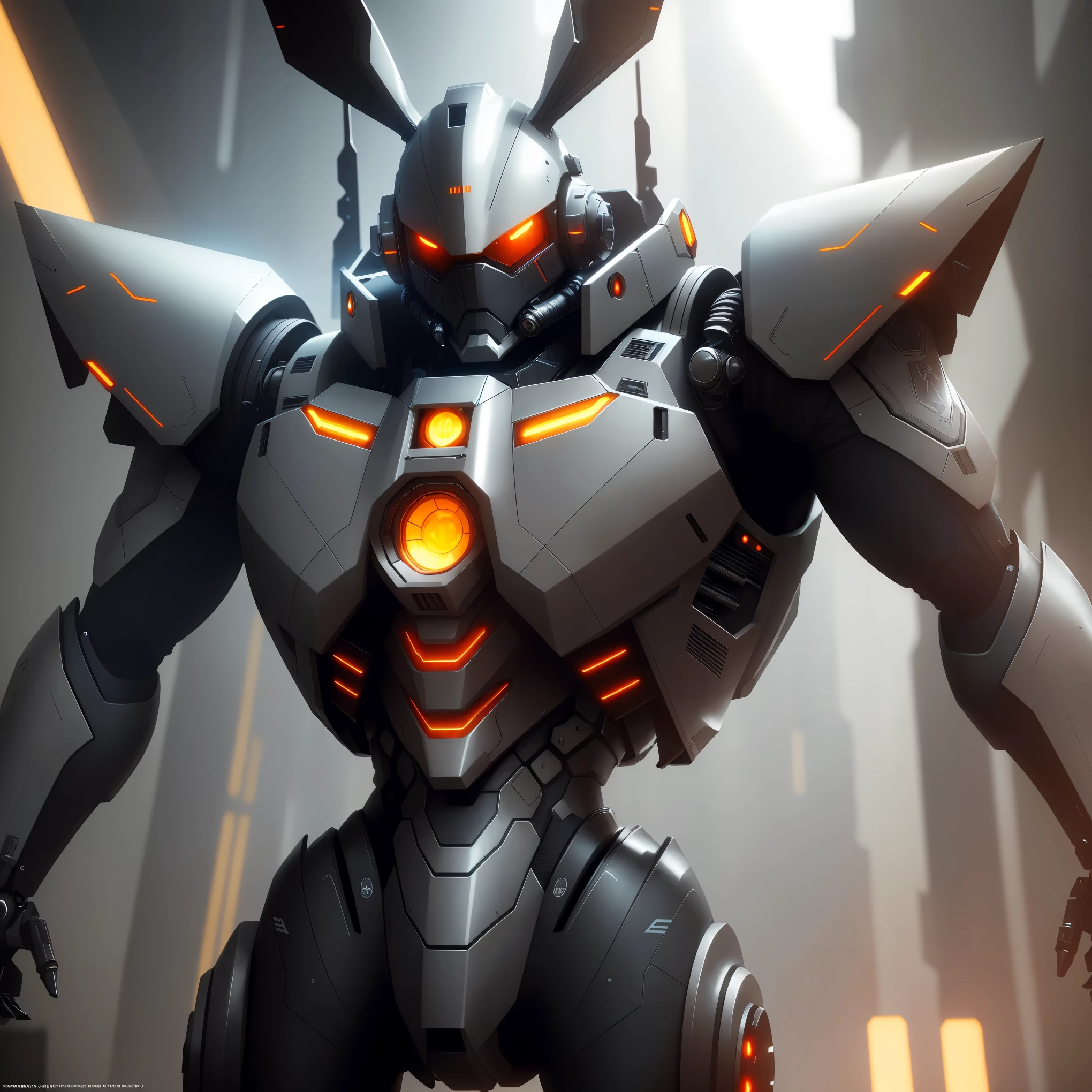 A mech with rabbit ears in a futuristic combat stance, rich in details, steel texture, cool and sci-fi vibe, enhanced by studio lighting effects like HDR and ultra-fine painting, set against a sci-fi background, highres, vivid colors, with a focus on realistic rendering and extreme detail description.