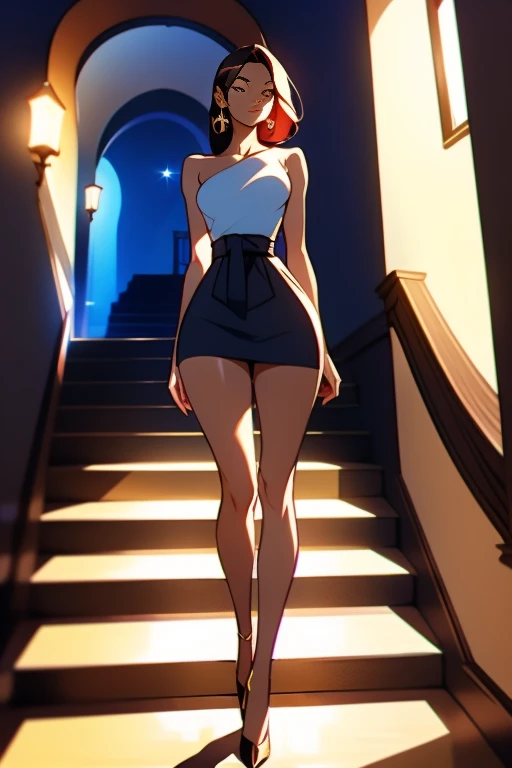 A beautiful woman, deeply sexy, dazzling, provocative, is descending a luxurious staircase in a mansion. Lights and shadows, topless, thin waist, long legs.