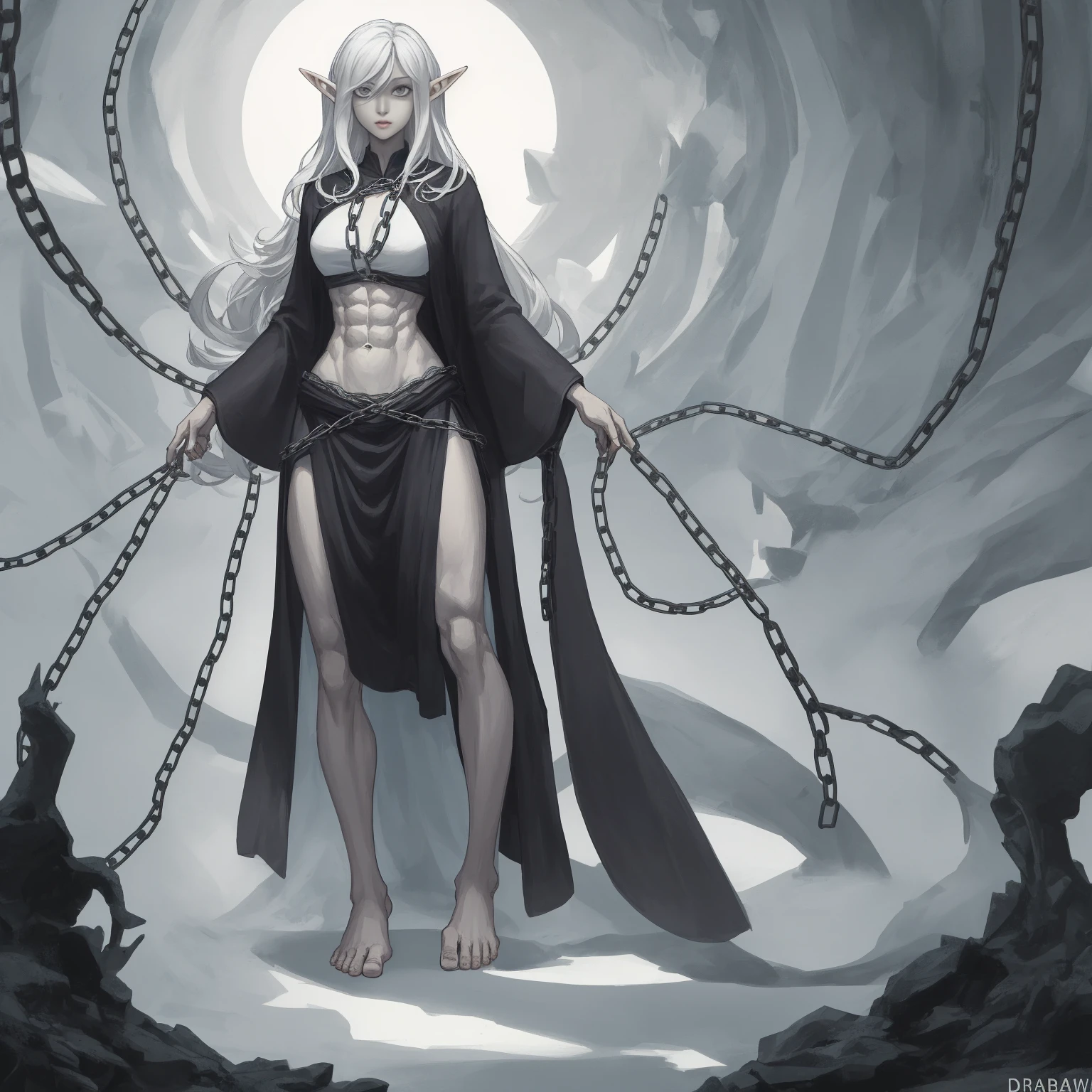 standing straight symmetrical, full body barefeet, drow elf 1girl, mature, BIG OPEN eyes, LONG MESSY hair, BIKINI, abs, big knockers, chain collar, stomach, NAVEL, BAREFEET