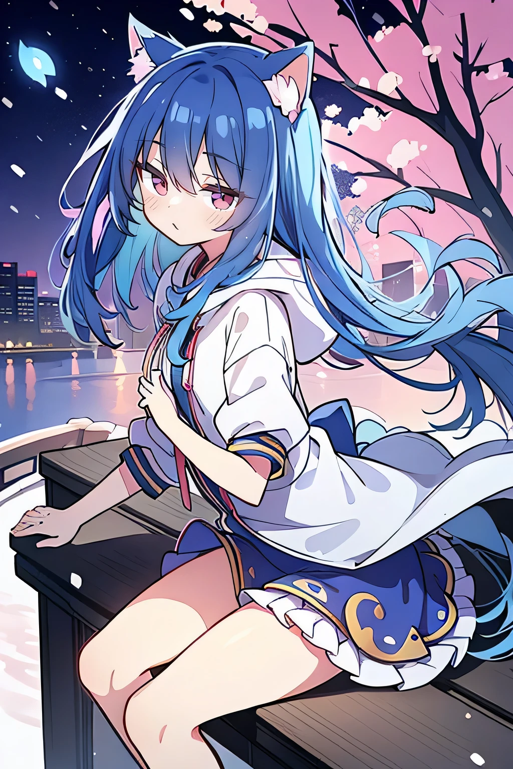 （masterpiece：1.2），Super detailed，lifelike，Expressive eyes，fair skin，perfect face shape，1 girl，
Japanese comics,Gorgeous blue hair,flowing blue hair,flowing clothes,Cat ears,Petals fall,beautiful lola,Baby Angel,sunrise,
Shaking head with one hand，Cross your legs，Gentle and peaceful background，The pavilion is cool and comfortable,smile, wearing hoodie, background of tokyo,back views,snowing, winter.