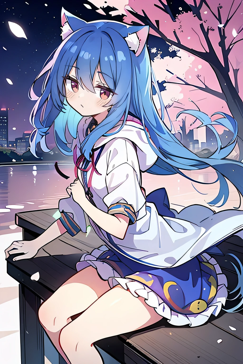 (masterpiece:1.2),Super detailed,lifelike,Expressive eyes,fair skin,perfect face shape,1 girl,
Japanese comics,Gorgeous blue hair,flowing blue hair,flowing clothes,Cat ears,Petals fall,beautiful lola,Baby Angel,sunrise,
Shaking head with one hand,Cross your legs,Gentle and peaceful background,The pavilion is cool and comfortable,smile, wearing hoodie, background of tokyo,back views,snowing, winter.