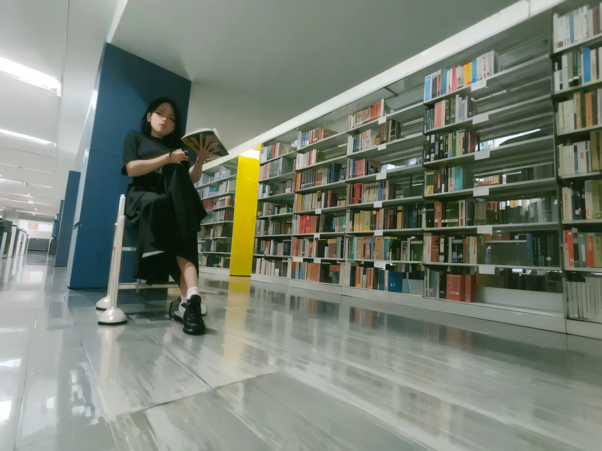 ((masterpiece)),(((bestquality))), Anime style pictures, semi-cartoon, Woman 1 , black shirt , black skirt, sitting on the stairs, Leaning on a blue cement pillar , in the library, book, perspective, Highly detailed, Sharp picture, It's like shooting with a Kennon 600d, 50mm lens.. Aperture 1.8
