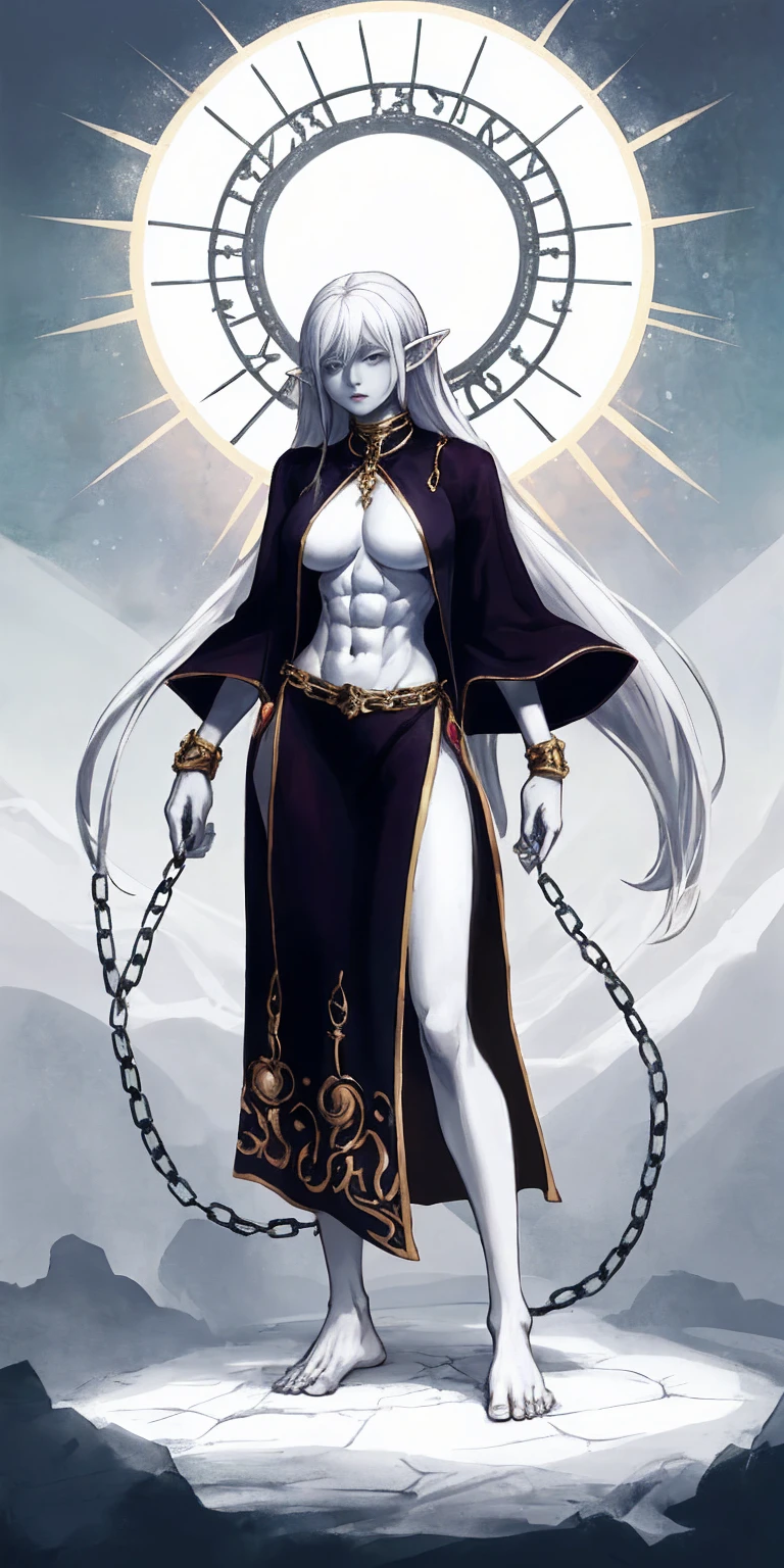 standing straight symmetrical, full body barefeet, drow elf 1girl, mature, BIG OPEN eyes, LONG MESSY hair, BIKINI, abs, big knockers, chain collar, stomach, NAVEL, BAREFEET
