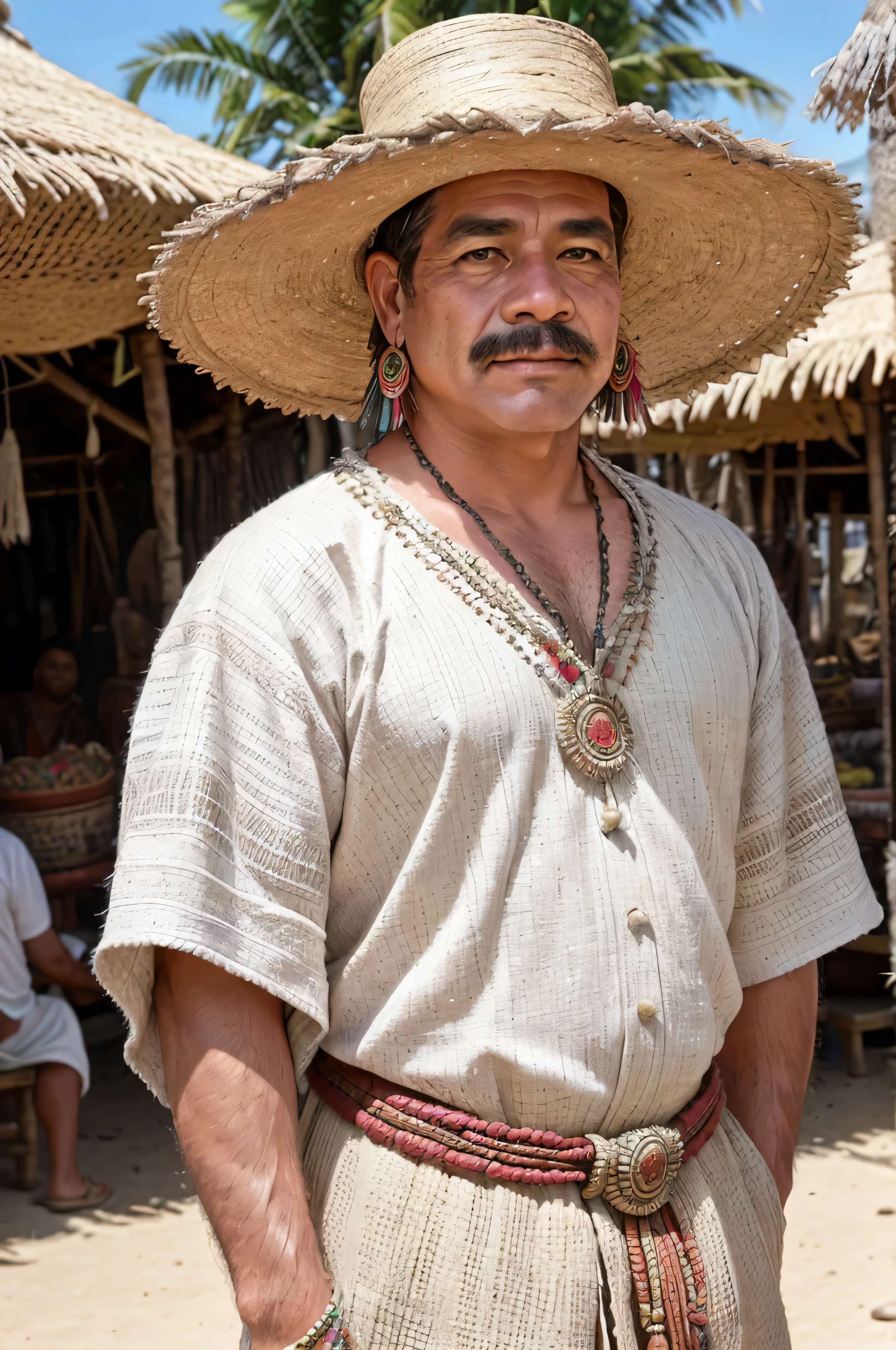 A 38-year-old man in ancient Mayan civilization. He is wearing traditional Mayan attire, including a feathered headdress, intricate jewelry, and a woven tunic with elaborate patterns. The scene is set in a bustling marketplace with stone pyramids and thatched huts in the background. The man's skin is sun-kissed and textured, showing the signs of a life spent in the outdoors. The image is of the highest quality with a depth of field effect, focusing sharply on the man's upper body and face, while the background is slightly blurred. The mid-shot composition captures the rich details of his clothing and the vibrant life of the ancient Mayan culture.