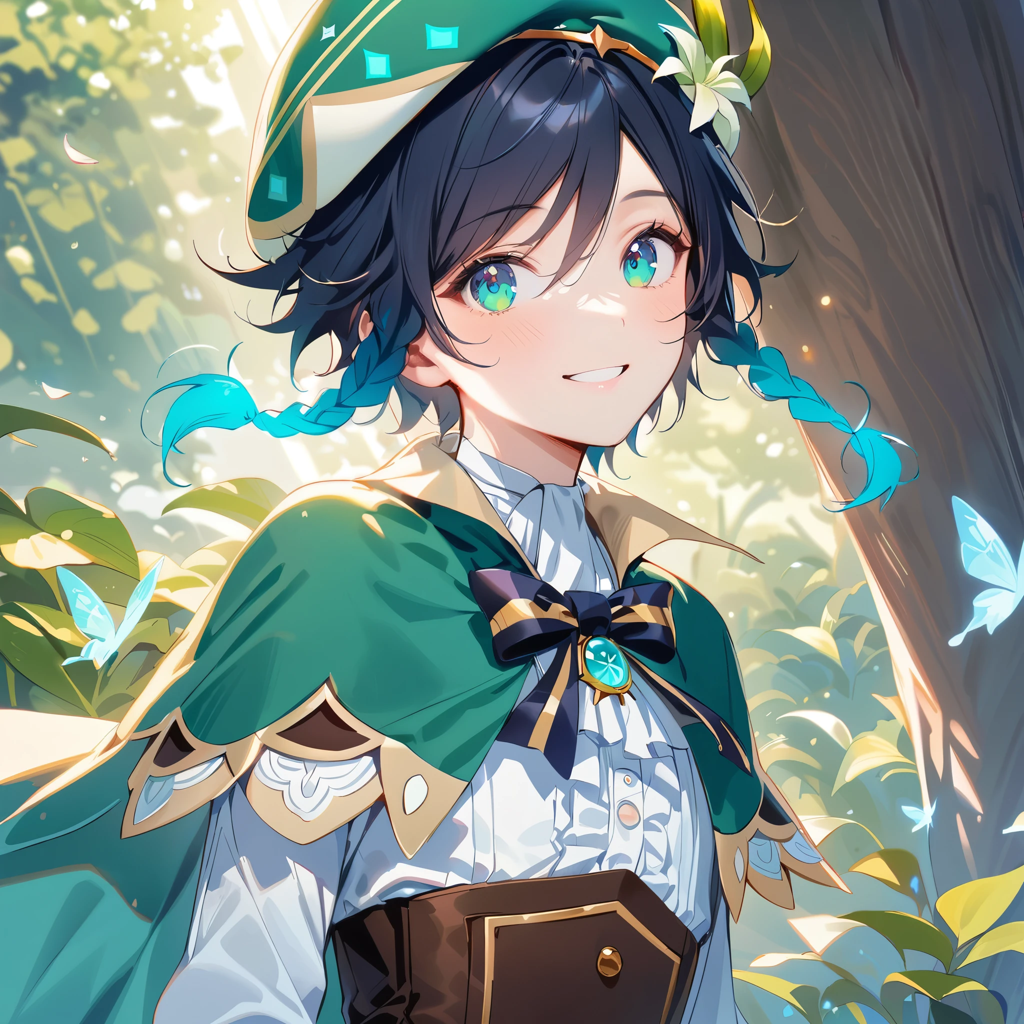 (best quality,4k,8k,highres,masterpiece:1.2),1boy,venti genshin impact,male focus,flat chest,ultra-detailed,realistic,(dsmile:0.5),morning of spring,delicate light rays,rich color palette,elegant curves,effects of light and shadow,flower petals falling,springtime essence,ethereal atmosphere,peaceful garden background,morning dew,soft sunlight filtering through trees,lush plants,komorebi,vividly colored blossoms,transcendent beauty,awe-inspiring artwork,white long-sleeved shirt, brown corset,green shorts, white tights,green cape,hat,brooch,green eyes,flirty smile,cinematic lighting, ray tracing, UHD, high details, high quality, award winning, super detail, 