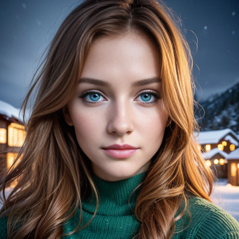 (Close up portrait:1.3), (from above:1.1). an ultra hot gorgeous European woman, age 23, she’s a playmate, men magazine model. (She has round little cheeks:1.3) Flirts with camera, subtle smile. (Ginger wavy hair. Green eyes:1.2) (she’s standing in a snowy village at night:1.4). Loose wool sweater.Perfect anatomy, perfect hair, perfect breast, perfect body, perfect hands, perfect face, UHD, retina, masterpiece, accurate, anatomically correct, textured skin. Winter starry night, northern lights