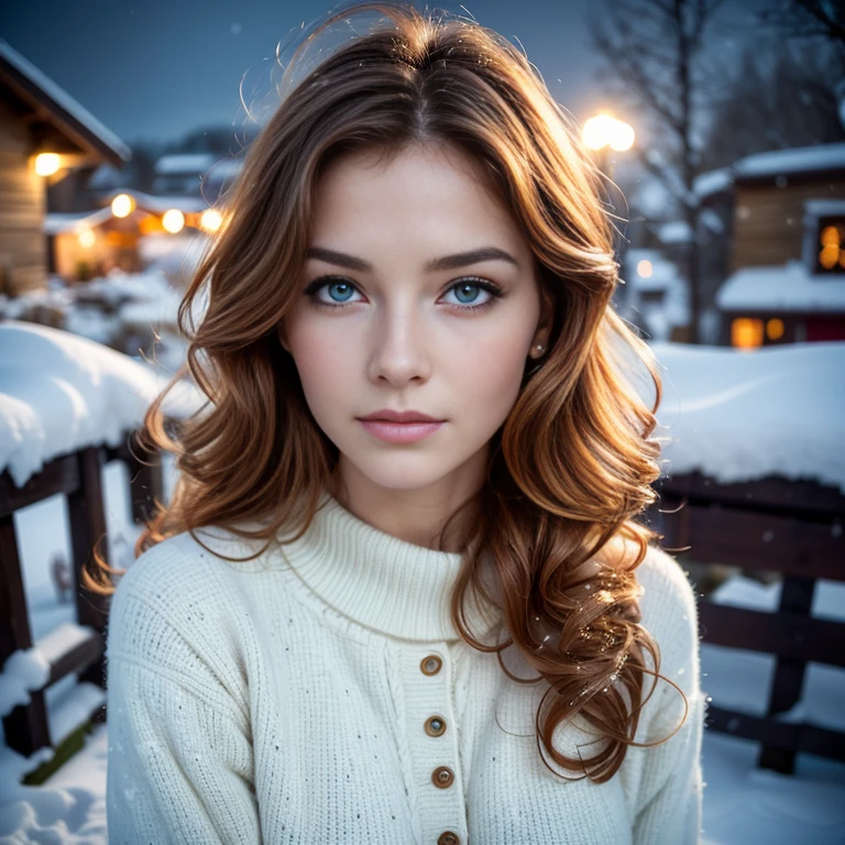 (Close up portrait:1.3), (from above:1.1). an ultra hot gorgeous European woman, age 23, she’s a playmate, men magazine model. (She has round little cheeks:1.3) Flirts with camera, subtle smile. (Ginger wavy hair. Green eyes:1.2) (she’s standing in a snowy village at night:1.4). Loose wool sweater.Perfect anatomy, perfect hair, perfect breast, perfect body, perfect hands, perfect face, UHD, retina, masterpiece, accurate, anatomically correct, textured skin. Winter starry night, northern lights