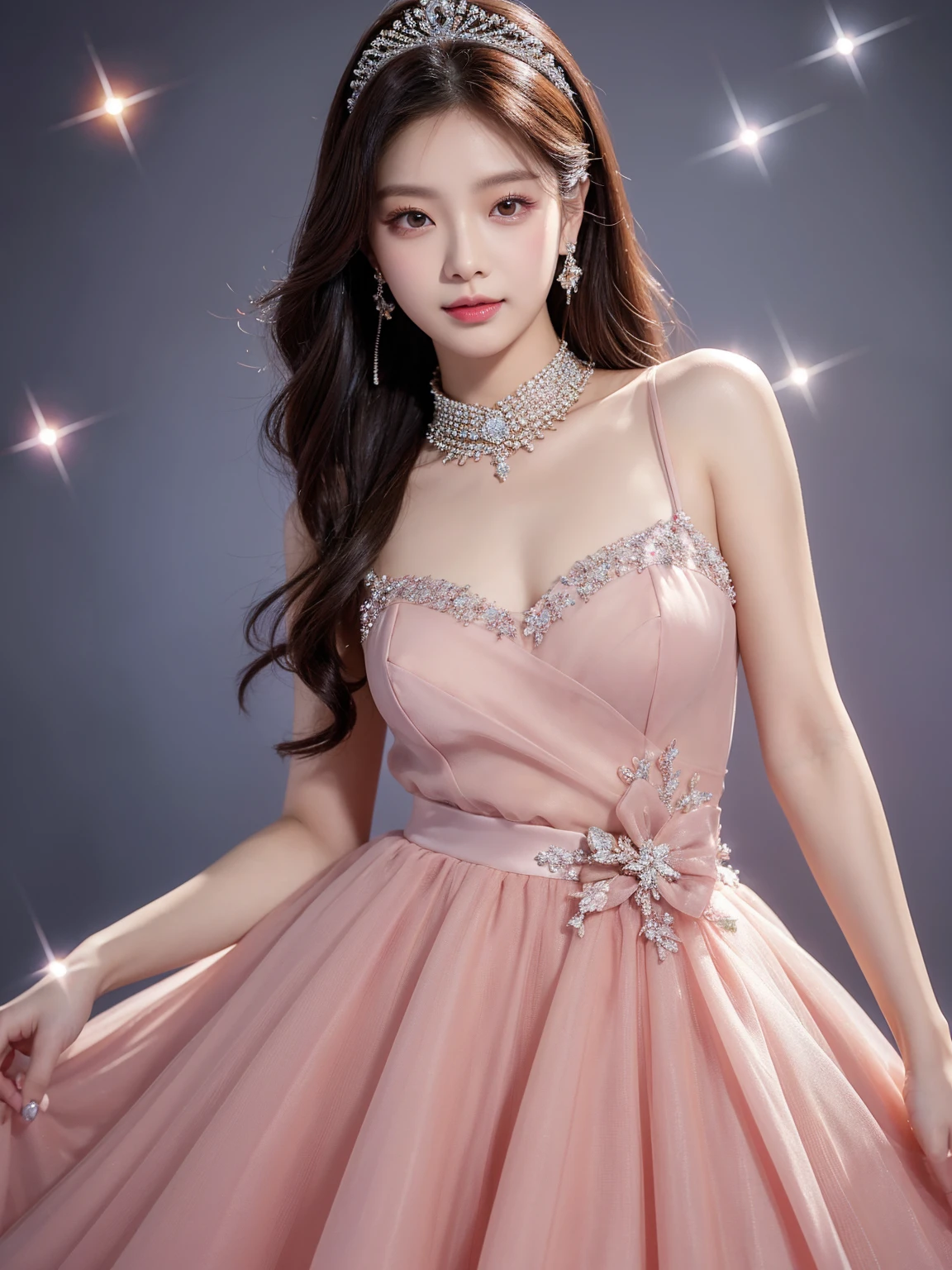 Araped woman wearing two random colored dresses, woman alone, Best Face, Chassis, blackpink jennie, model shooting pose, neat background, Yanjun Chengt, Popular Korean Makeup, Exciting and cute aesthetics, Jinyoung Shin, Popular Korean Makeup, Inspired by Hwangji, beautiful girl, official artwork, very beautiful cute girl, smile, Swarovski dress, sparkly dress, pov, 8k, super detail, ccurate, best quality, UHD, anatomically correct, super detail, high quality, ccurate,  small tiara