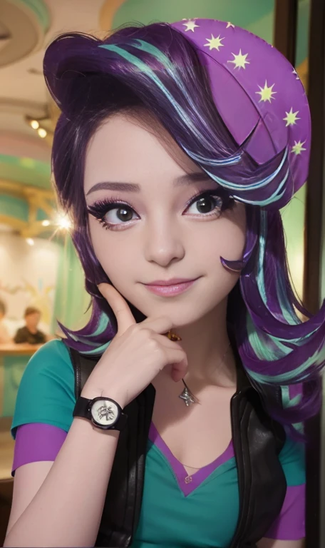 Photo oF a 17 year-old American girl, .CRUDO, beautiFul woman , cabello largo color azul turqueza ((retrato)), ((Cara detallada:1.2)), ((Detailed Facial Features)), (Piel Finamente detallada) , ojos color.azul , 、un sexy(color fresco), wet, wet, ReFlectoreasutepiece) (proporciones perFectaotos realistas)(La mejor calidad) (Detallado) FotograFiado con una EOS R5 de Canon, lente de 50 mm, F/2.8, NFFSW, (8K) (papel tapiz) (cinematic lighting) (dramatic lighting) (sharp Focus) (Enrevesado) senos grandes , pechos grandes , cuerpo completo , hermoso cuerpo de adolesente ,lindo maquillaje , gran sonrisa , labios rojos. Mlp ,Starlight Glimmer , foto dinamica , pose sexy , centro comercial , noche , sonrisa presumida , ropa morada , brazalentes con puas , cabello largo color azul turqueza con mechas color morado, cuerpo completo , foto de cuerpo completo , my little pony Equestria girls , tiene un collar con un rubi , ropa de pelicula my little pony Rainbow rocks