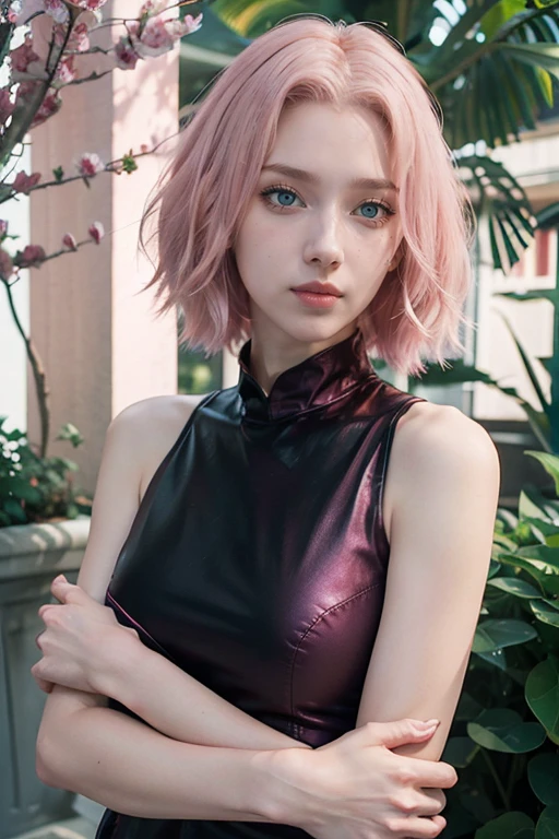 young woman, short shoulder-length pink hair, wide forehead, porcelain skin, pink eyebrows, big emerald green eyes, buttoned nose, full lips, heart-shaped face, slender body, small breasts, red tank top, Sakura Haruno , realistic, realism, details, 3d, well detailed