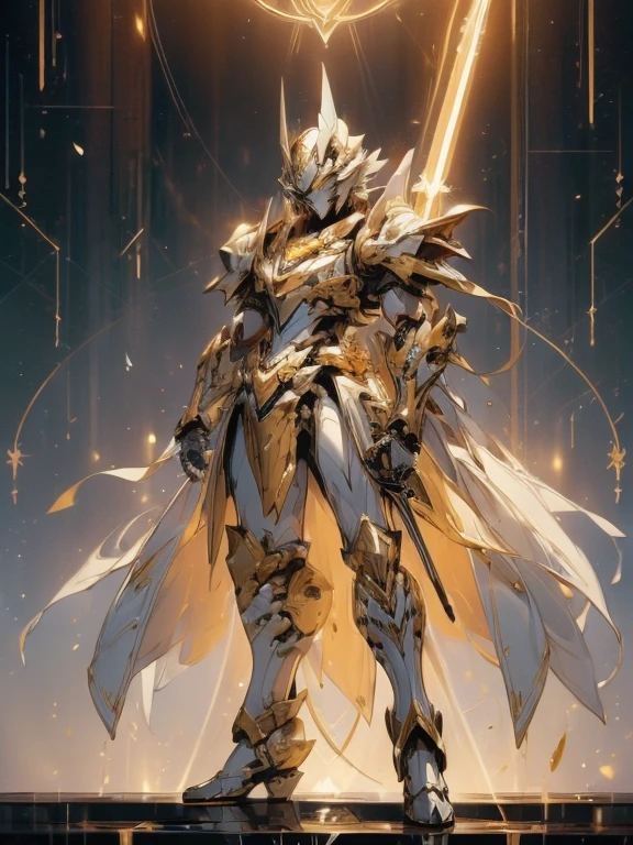 Design a layout showcase Gaming character, (1girl). Golden+Purle clothes, stylish and unique, ((showcase weapon:1.4)), magic staff, (masterpiece:1.2), (best quality), 4k, ultra-detailed, (Step by step design, layout art:1.5), (luminous lighting, atmospheric lighting), magican, ((glove full hands)), (((revealing clothes:1.3))), vambraces, armored legwear, (((full_body_shot:1.4)))