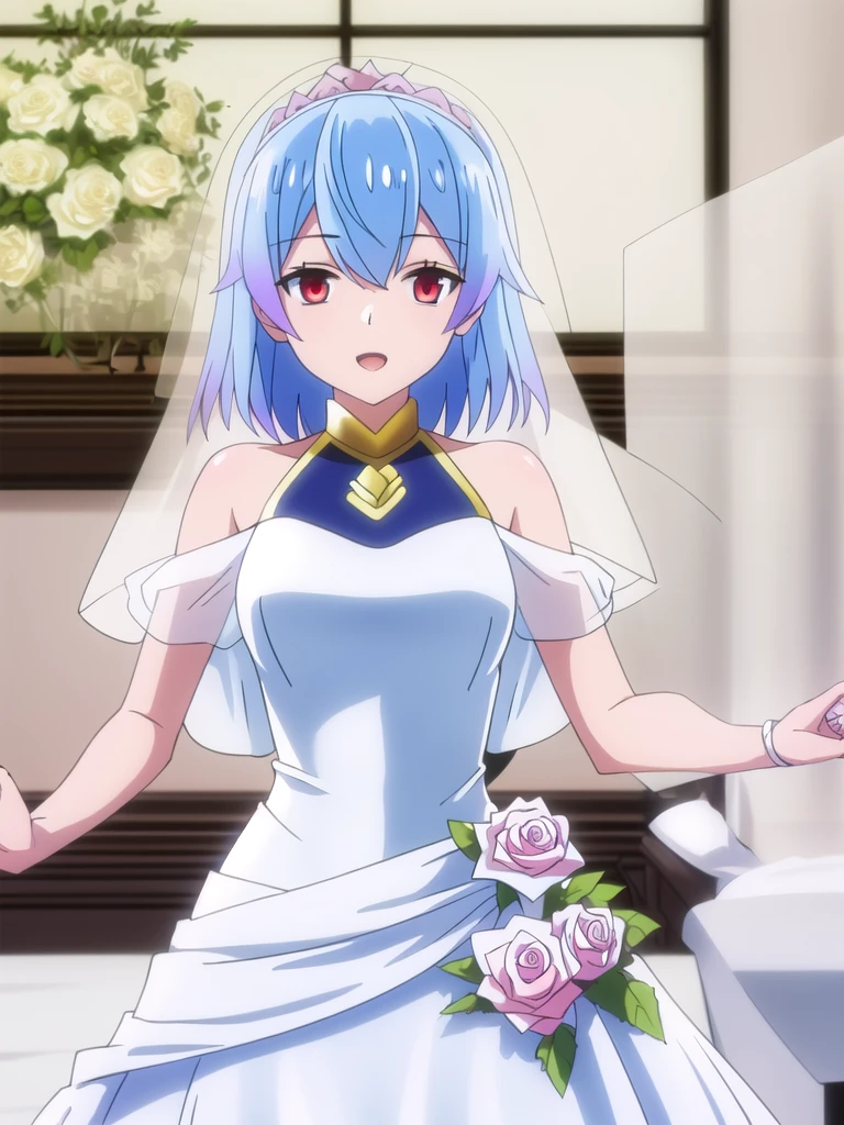 (((Best quality))),((Ultra-detailed)),((illustration)),((Disheveled hair)),((frilld)),(1 girl),(Solo), 1girl,blurry,blurry_background,blurry_foreground,bouquet,depth_of_field,flower,indoors,looking_at_viewer,lying,motion_blur,open_mouth,pink_flower,pink_rose,rose,white_rose,window,rating:questionable,underwear, wedding,wedding_dress,bride,veil, blue hair,red eyes,