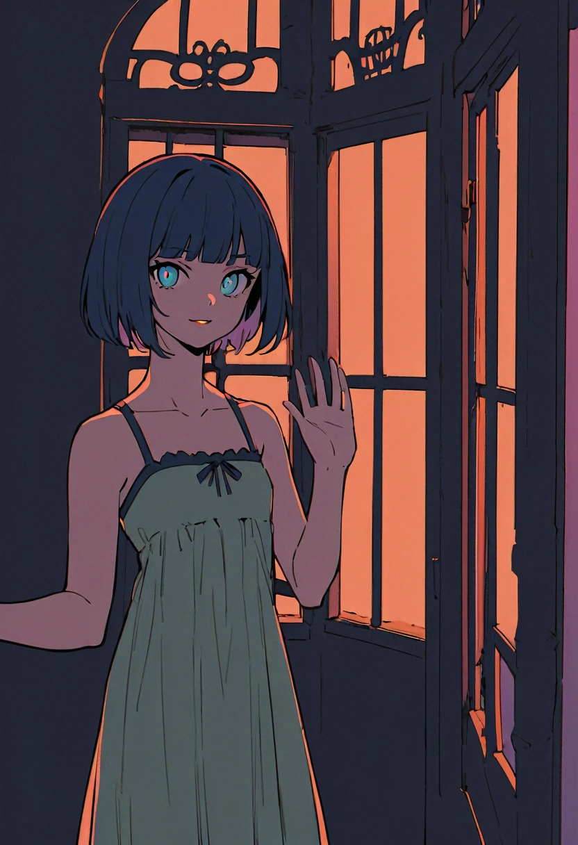 flat color,(haunted Mansion),(Girl waving hand from window of mansion),sundress,boogie smile,Spooky atmosphere,evening, BREAK 16yo,beautiful detailed face,(navy hair-color),(wavy-short hair),parallel eyebrows,navy eyes with large irises,blunt bangs,small nose, fresh lips,small breasts,(5feet tall)),