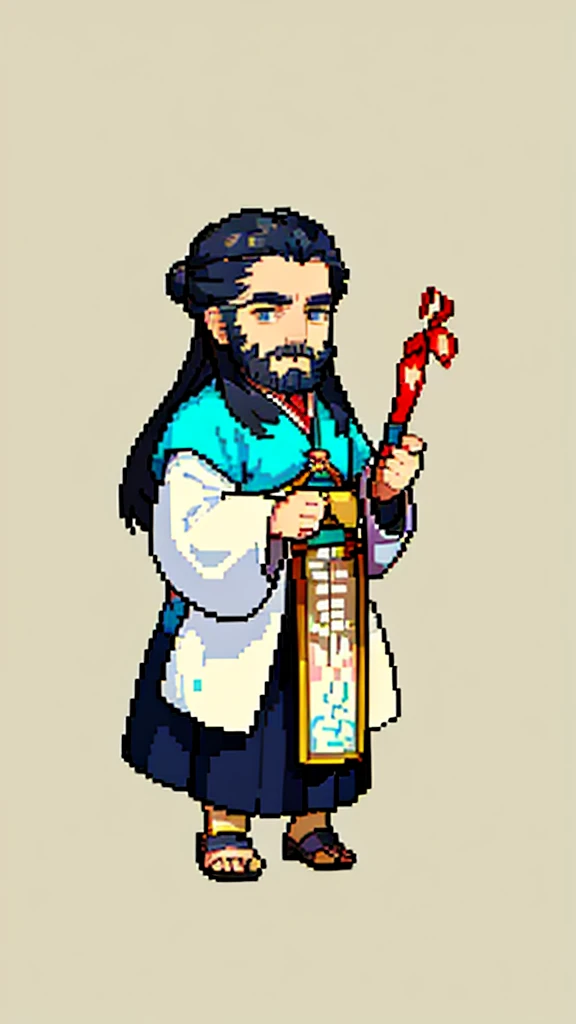 Old man in ancient Chinese costume、Wise Old Man、Looking into the camera、Her hair is tied up in a bun、Long sleeve、Hanfu、Black Hair、Stand and pose、Pixel art、(masterpiece, highest quality, highest quality), pixel,pixel art,whole body,Characters in Romance of the Three Kingdoms、Transform、(beard)、Short Deformation、Old man with long beard