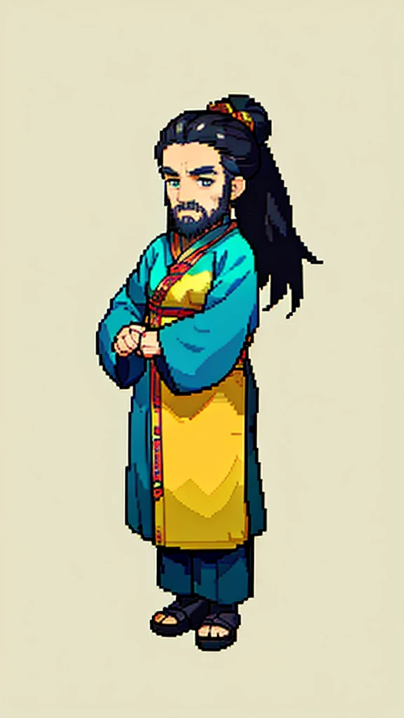 Old man in ancient Chinese costume、Wise Old Man、Looking into the camera、Her hair is tied up in a bun、Long sleeve、Hanfu、Black Hair、Stand and pose、Pixel art、(masterpiece, highest quality, highest quality), pixel,pixel art,whole body,Characters in Romance of the Three Kingdoms、Transform、(beard)、Short Deformation、Old man with long beard