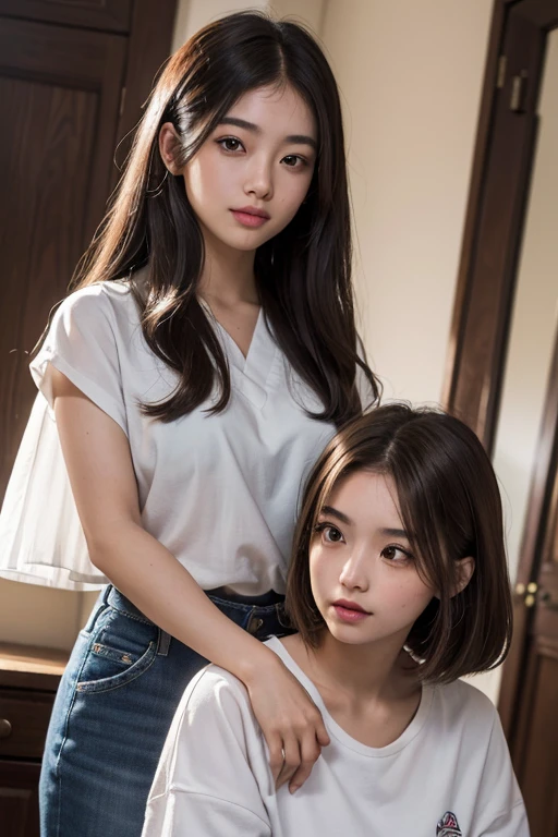 (masterpiece:1.3), (8K, Fotorrealista, raw photography, Calidad de imagen superior: 1.4), Chicas de secundaria japonesas、(Peinados al azar:1.2)、escote del pecho:1.2、Super detailed face、Ojo del detalle、double eyelid、Junta tu pecho、Sharp focus:1.2、mujer bonita:1.4、Light brown hair、de primera calidad、masterpiece、super high resolution、(Fotorrealista:1.4)、Professional and highly detailed lighting smile.、Prendas de punto holgadas y ligeras、hombro hacia afuera、esbelto、serious facial expression、de pelo corto、fatal position (((pussy)))