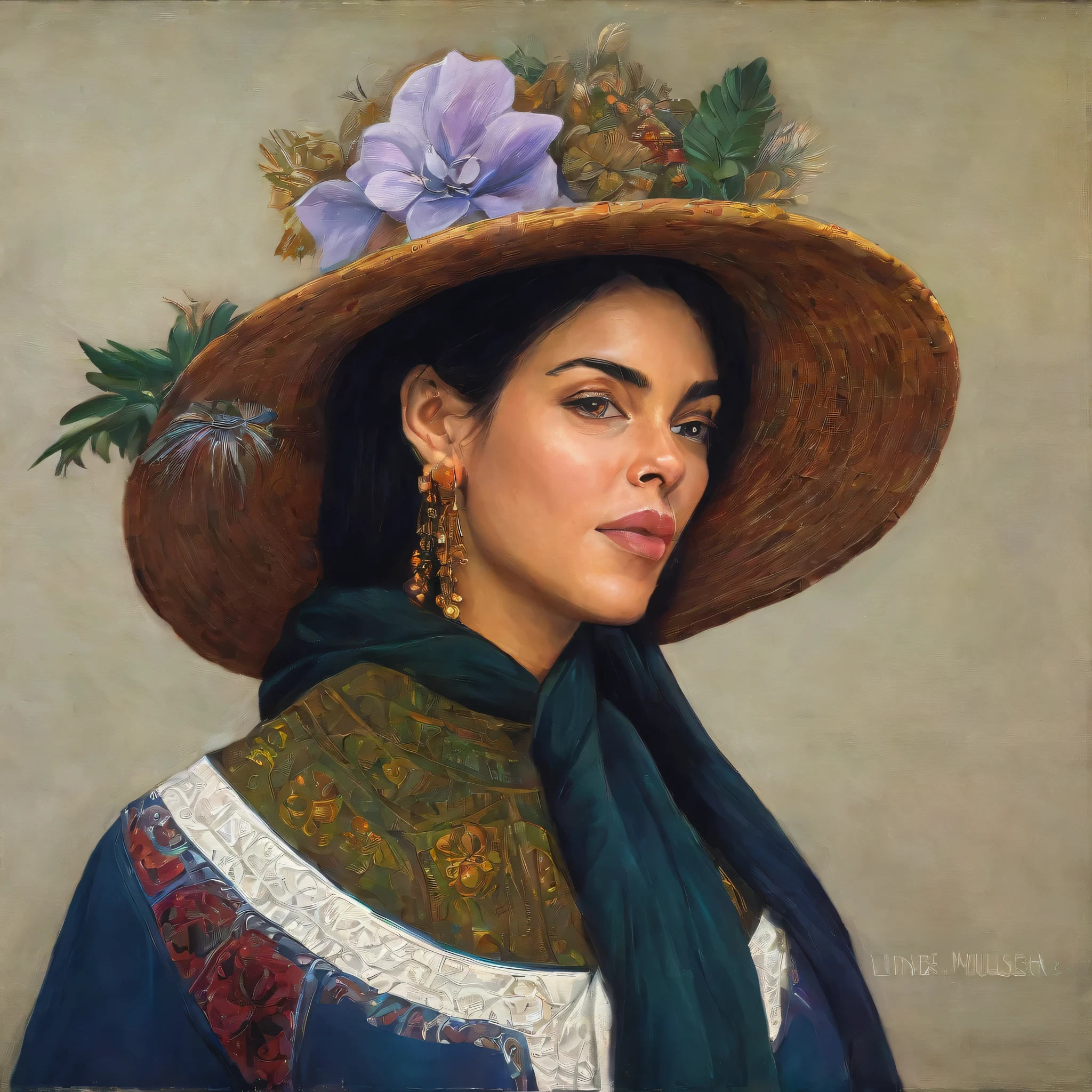 plucked woman in a traditional dress with a big hat, retrato de princesa asteca, pintura realista de mulher espanhola, Belo retrato, retrato deslumbrante, retrato renascentista realista, very Belo retrato, Pintura Digital Renascentista, Belo retrato of a woman, no estilo da pintura antiga, inspirado em James Christensen, retrato de alta qualidade, linda mulher mexicana, inspirado em James C. Christensen