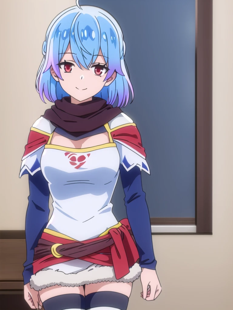 (((Best quality))),((Ultra-detailed)),((illustration)),((Disheveled hair)),((frilld)),(1 girl), 1girl,black legwear,braid,breasts,cape,cleavage,hair bun,indoors,short hair,medium breasts,red scarf,scarf,skirt,sliding doors,smile,solo,standing,tatami,thighhighs,white skirt,window,wristband, blue hair,red eyes,