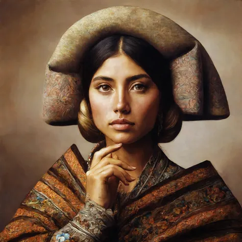 plucked woman in a traditional dress with a big hat, retrato de princesa asteca, pintura realista de mulher espanhola, belo retr...