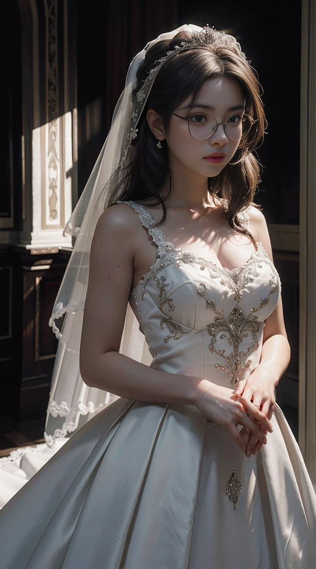 Best Quality, Masterpiece, Ultra High Resolution, (Realisticity: 1.4), Original Photo, 1girl, wedding dress, Cinematic Lighting, glasses