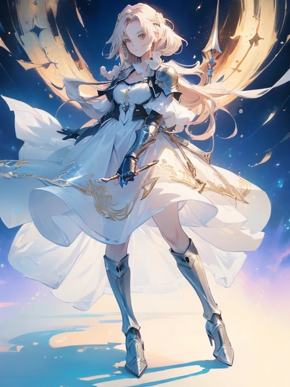 Design a layout showcase Gaming character, (1girl). Golden+Purle clothes, stylish and unique, ((showcase weapon:1.4)), magic staff, (masterpiece:1.2), (best quality), 4k, ultra-detailed, (Step by step design, layout art:1.5), (luminous lighting, atmospheric lighting), magican, ((glove full hands)), (((revealing clothes:1.3))), vambraces, armored legwear, (((full_body_shot:1.4)))