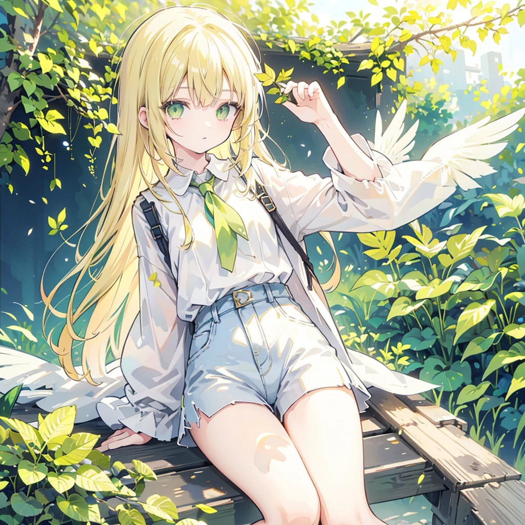 1girl, short yellow hair, green eyes, waring plain white shirt, denim shorts, holding a branch with leaf in her right hand, green forest, golden sun light, leaves fallen by, 8k, looking at viewer