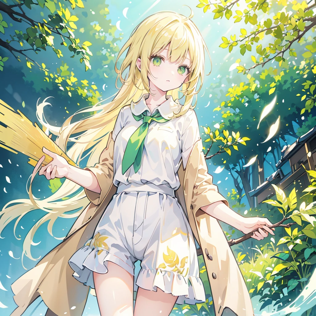 1girl, short yellow hair, green eyes, waring plain white shirt, denim shorts, holding a branch with leaf in her right hand, green forest, golden sun light, leaves fallen by, 8k, looking at viewer