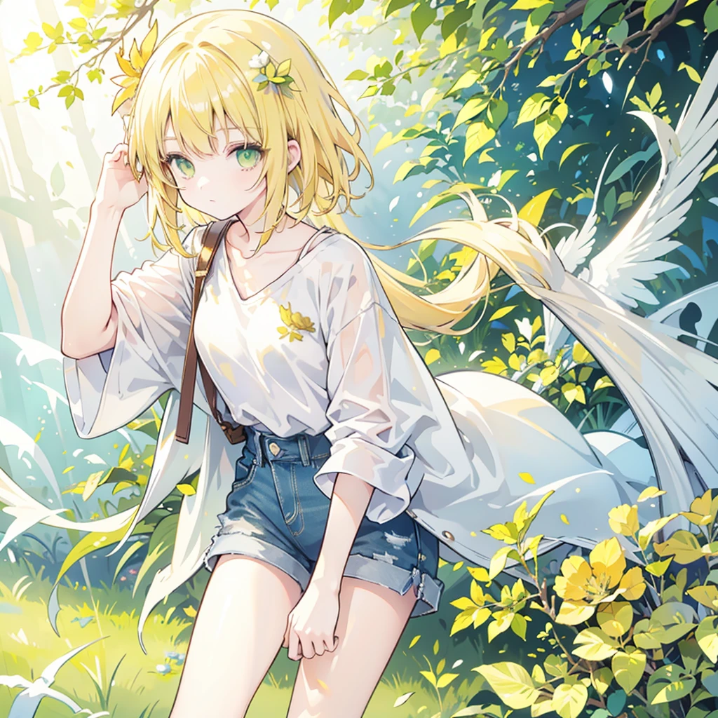 1girl, short yellow hair, green eyes, waring plain white shirt, denim shorts, holding a branch with leaf in her right hand, green forest, golden sun light, leaves fallen by, 8k, looking at viewer