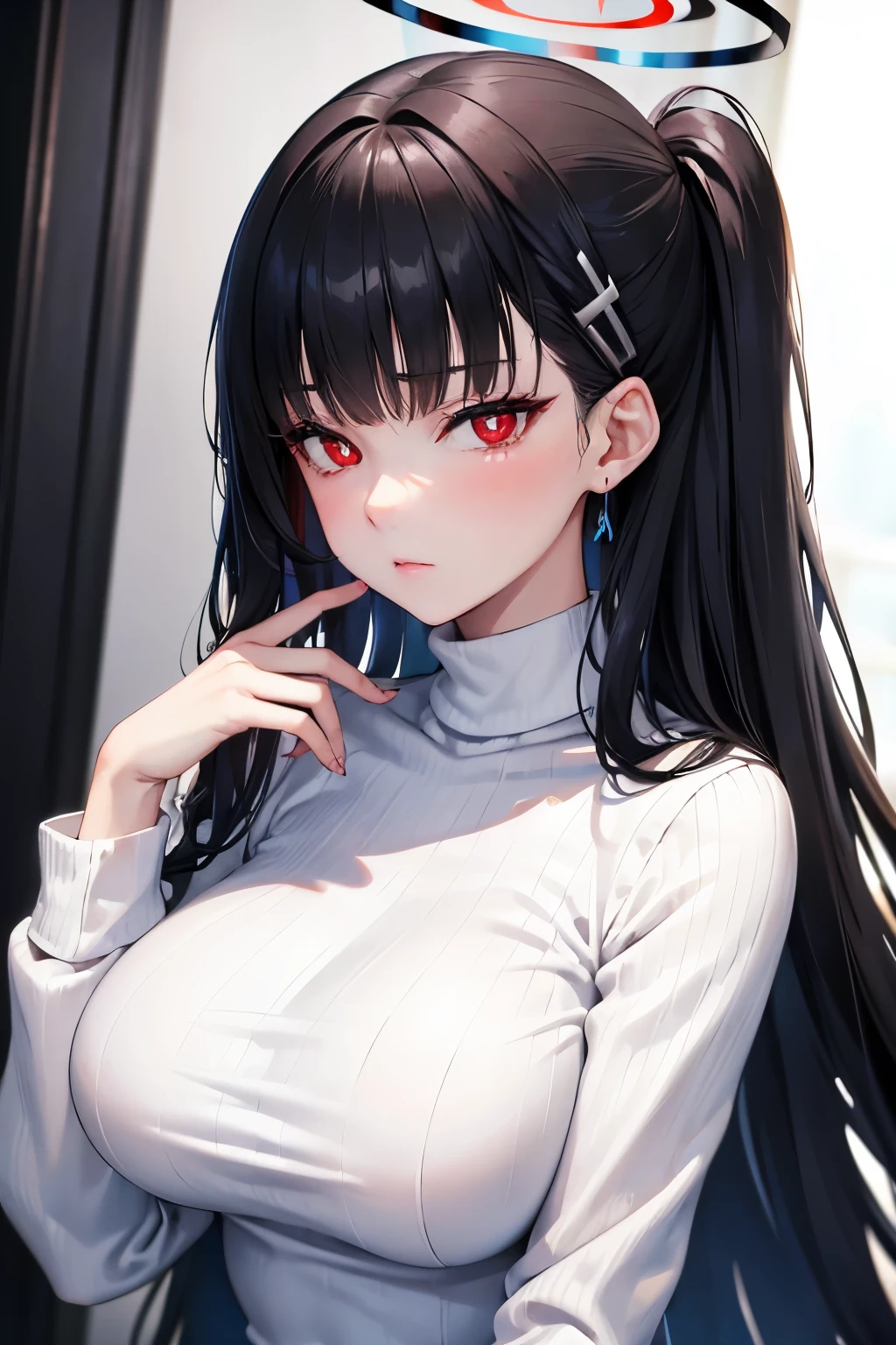 (gratte-ciel), ((haut du personnage)), ((buste)), ((vue de profil)), (finely detailed eyes and detailed face:1.3), (extremely fine and beautiful:1.1), (Perfect details:1.1), ((gros seins)), Blue Archive, Rio Tsukatsuki, earings, black hair, (red eyes:1.5), hair ornament, hairclip, (halo), long hair, black jacket, buttoned cuffs, jacket, long sleeves, office lady, ribbed sweater, sweater, turtleneck, turtleneck sweater, white sweater,