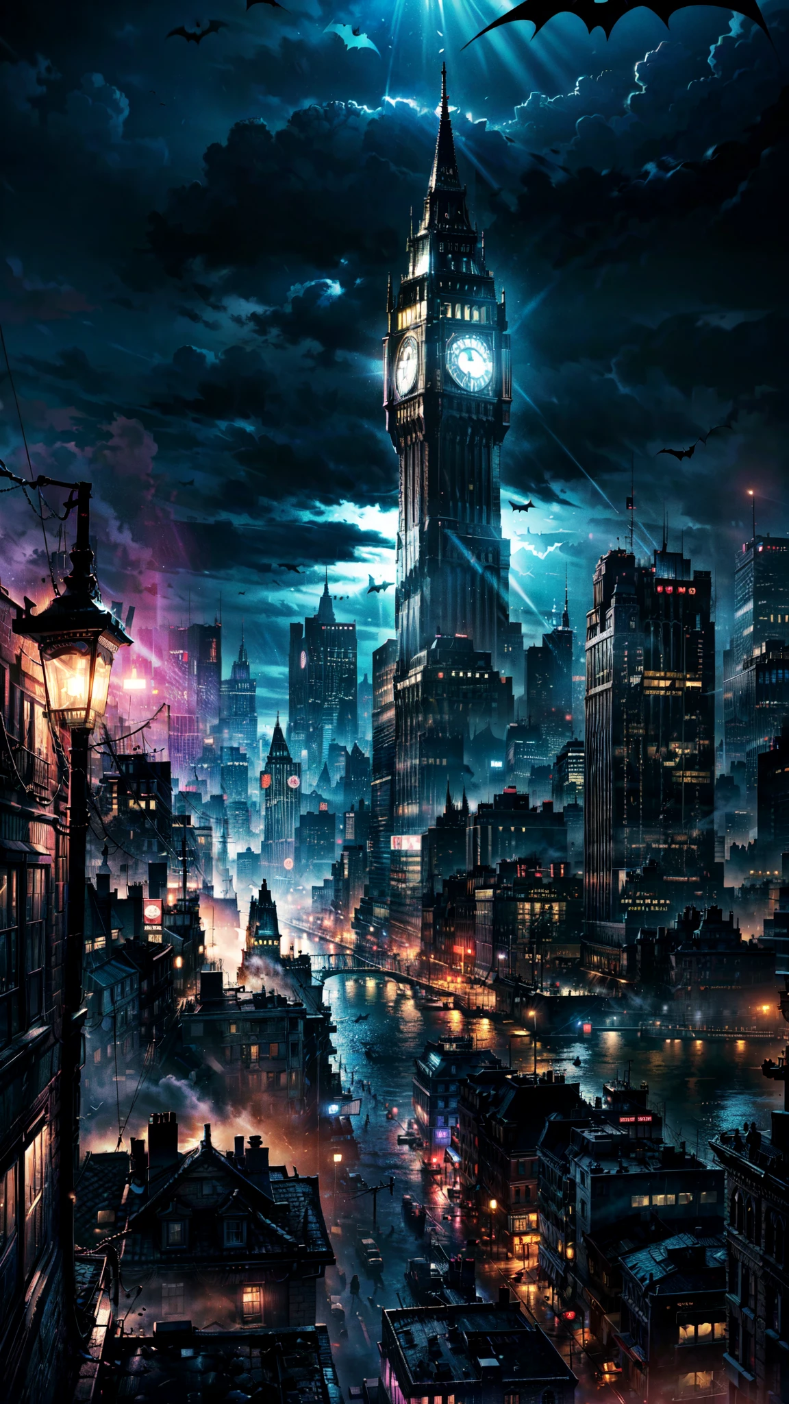 Batman, Gotham city at night, Christopher Nolan style, drama and lifesaving, in dynamic, atmosphere of darkness and horror, dramatic light, highly detailed, packed with hidden details, hyper realistic, uhd image, realism, colorful realism, UHD, 8K