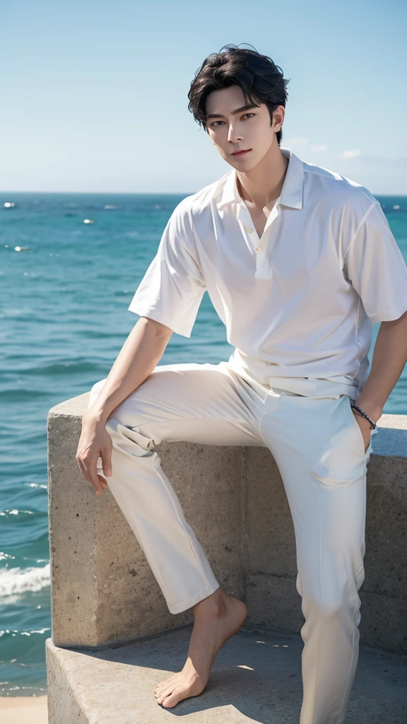 A man sitting on the edge of the realistic sea, realistic black hair, exactly the same hairstyle, realistic green eyes, realistic Korean handsome face, realistic cool expression,Adapt the exact same clothes, realistic white pants, realistic cream shirt, realistic light, realistic shadows, realistic background