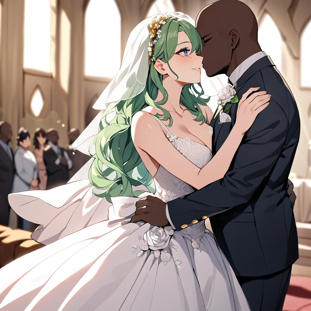 ((highest quality)), ((masterpiece)), (detailed), （Perfect Face）、The woman is Lydia, a blue-eyed girl with lightly wavy, asymmetrical green hair, a gold hair accessory, and an engagement ring.、The woman is smiling in a gorgeous wedding dress with a veil and a voluminous wedding dress skirt, and is standing close to a strong black man wearing a white tuxedo at a church wedding hall. The woman and the strong black man embrace each other, kiss each other, and get married.