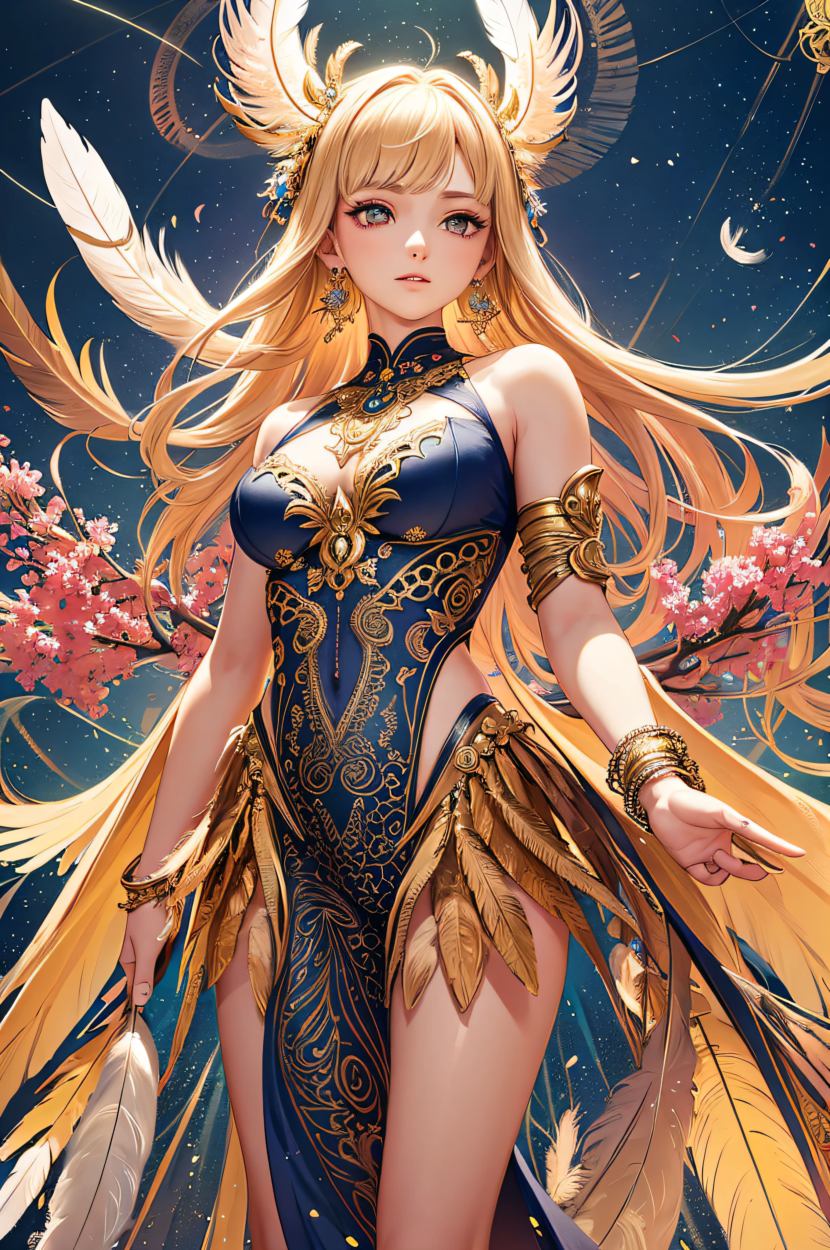 girl with, Big breasts, Bare shoulders, Blonde hair, colorful feather, metal ornaments, Colorful flowers, Particle, light, (masutepiece, of the highest quality, Best Quality, Official art, Beautiful and aesthetic:1.2), (1girl in:1.3), Extremely detailed, (Fractal Art:1.1), ( Colorful:1.1)(Flowers:1.3),highest details,(Zentangle:1.2), (Dynamic Pose), (Abstract background:1.3), (Shiny skin), (Many colors:1.4), (earrings:1.4), (Feathers:1.4), Full body image