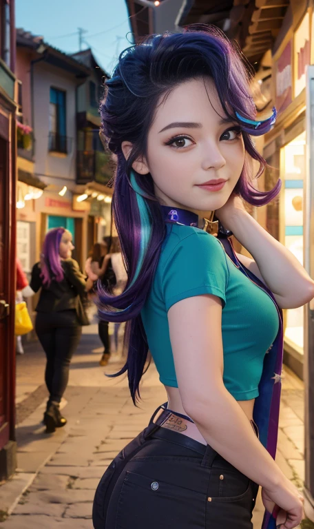 Photo oF a 17 year-old American girl, .CRUDO, beautiFul woman , cabello largo color azul turqueza ((retrato)), ((Cara detallada:1.2)), ((Detailed Facial Features)), (Piel Finamente detallada) , ojos color.azul , 、un sexy(color fresco), wet, wet, ReFlectoreasutepiece) (proporciones perFectaotos realistas)(La mejor calidad) (Detallado) FotograFiado con una EOS R5 de Canon, lente de 50 mm, F/2.8, NFFSW, (8K) (papel tapiz) (cinematic lighting) (dramatic lighting) (sharp Focus) (Enrevesado) senos grandes , pechos grandes , cuerpo completo , hermoso cuerpo de adolesente ,lindo maquillaje , gran sonrisa , labios rojos. Mlp ,Starlight Glimmer , foto dinamica , pose sexy , centro comercial , noche , sonrisa presumida , ropa morada , brazalentes con puas , cabello largo color azul turqueza con mechas color morado, cuerpo completo , foto de cuerpo completo , my little pony Equestria girls , tiene un collar con un rubi , ropa de pelicula my little pony Rainbow rocks