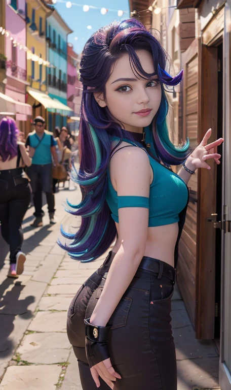 Photo oF a 17 year-old American girl, .CRUDO, beautiFul woman  , cabello largo color azul turqueza ((retrato)), ((Cara detallada:1.2)), ((Detailed Facial Features)), (Piel Finamente detallada) , ojos color.azul , 、un sexy(color fresco), wet, wet, ReFlectoreasutepiece) (proporciones perFectaotos realistas)(La mejor calidad) (Detallado) FotograFiado con una EOS R5 de Canon, lente de 50 mm, F/2.8, NFFSW, (8K) (papel tapiz) (cinematic lighting) (dramatic lighting) (sharp Focus) (Enrevesado) senos grandes , pechos grandes , cuerpo completo , hermoso cuerpo de adolesente  ,lindo maquillaje , gran sonrisa , labios rojos. Mlp ,Starlight Glimmer  , foto dinamica , pose sexy , centro comercial , noche , sonrisa presumida , ropa morada , brazalentes con puas , cabello largo color azul turqueza con mechas color morado, cuerpo completo , foto de cuerpo completo , my little pony Equestria girls , tiene un collar con un rubi , ropa de pelicula my little pony Rainbow rocks