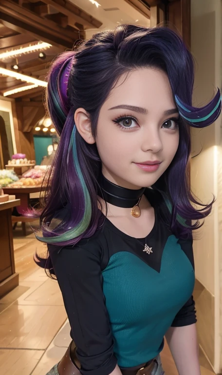 Photo oF a 17 year-old American girl, .CRUDO, beautiFul woman  , cabello largo color azul turqueza ((retrato)), ((Cara detallada:1.2)), ((Detailed Facial Features)), (Piel Finamente detallada) , ojos color.azul , 、un sexy(color fresco), wet, wet, ReFlectoreasutepiece) (proporciones perFectaotos realistas)(La mejor calidad) (Detallado) FotograFiado con una EOS R5 de Canon, lente de 50 mm, F/2.8, NFFSW, (8K) (papel tapiz) (cinematic lighting) (dramatic lighting) (sharp Focus) (Enrevesado) senos grandes , pechos grandes , cuerpo completo , hermoso cuerpo de adolesente  ,lindo maquillaje , gran sonrisa , labios rojos. Mlp ,Starlight Glimmer  , foto dinamica , pose sexy , centro comercial , noche , sonrisa presumida , ropa morada , brazalentes con puas , cabello largo color azul turqueza con mechas color morado, cuerpo completo , foto de cuerpo completo , my little pony Equestria girls , tiene un collar con un rubi , ropa de pelicula my little pony Rainbow rocks