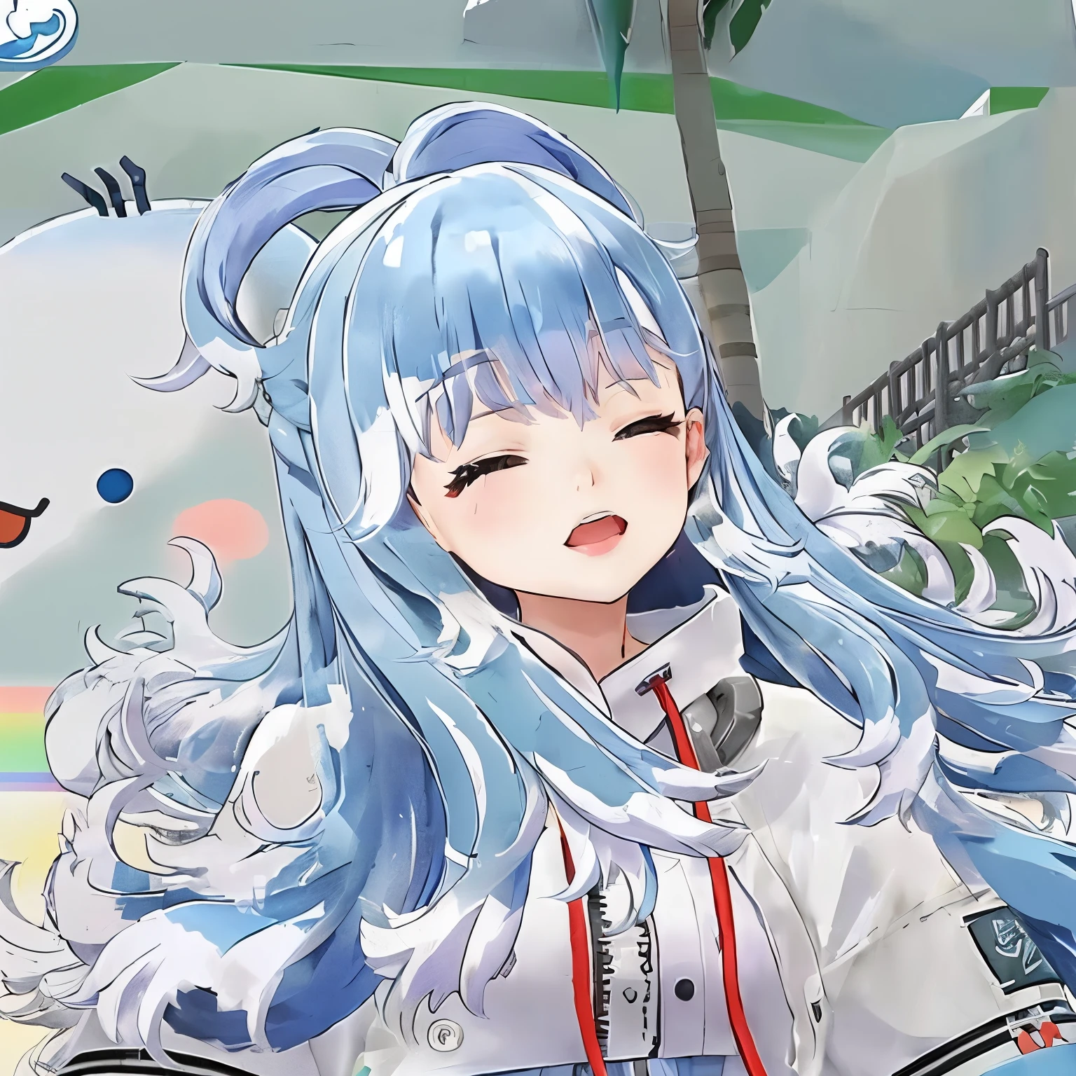 girl with blue hair and white shirt and blue pants, f, kantai collection style, visual of a cute girl, visual of a young woman,
