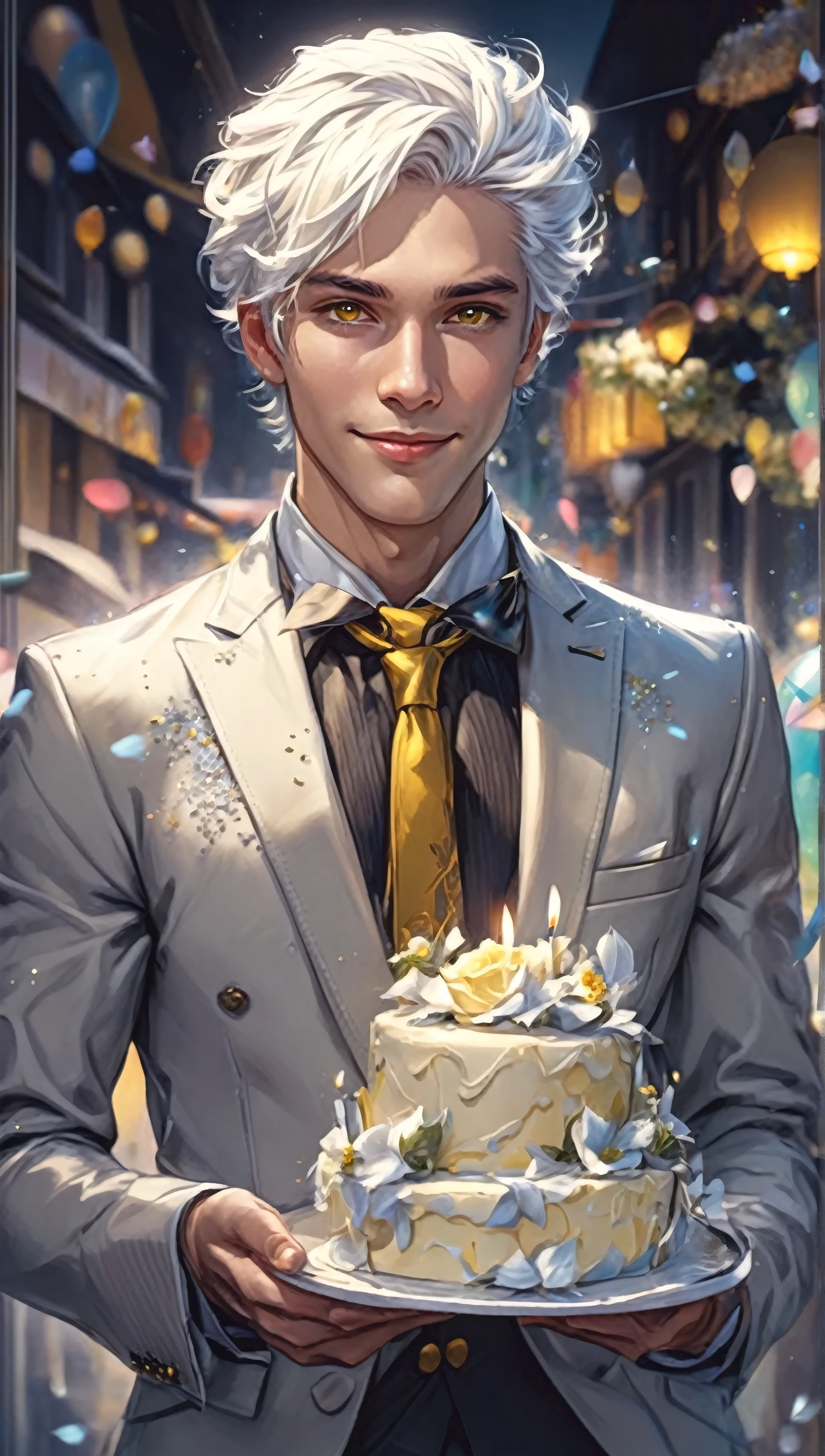 a fabulous fantasy style, a beautiful white-haired young man with yellow eyes in a chic suit and a sweet smile presents a cake with candles, in the background a group of people with balloons., clarity of details in the background, Masterpiece, birthday, gifts, flowers, saturation, dynamism, colorfulness, clarity, fractal haze, liquid glass, color image brightness, image clarity, cake guy in focus, 8K, High detail, 1/505 C, ISO 1000, f/16, Stabilization 32, Ultra