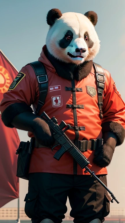 The panda is standing next to the J-20 plane,Wear Chinese anti-terrorist clothing,Armband Chinese five-star red flag detail,detail in face,With submachine guns,A J20 is flying in the air,HD8K