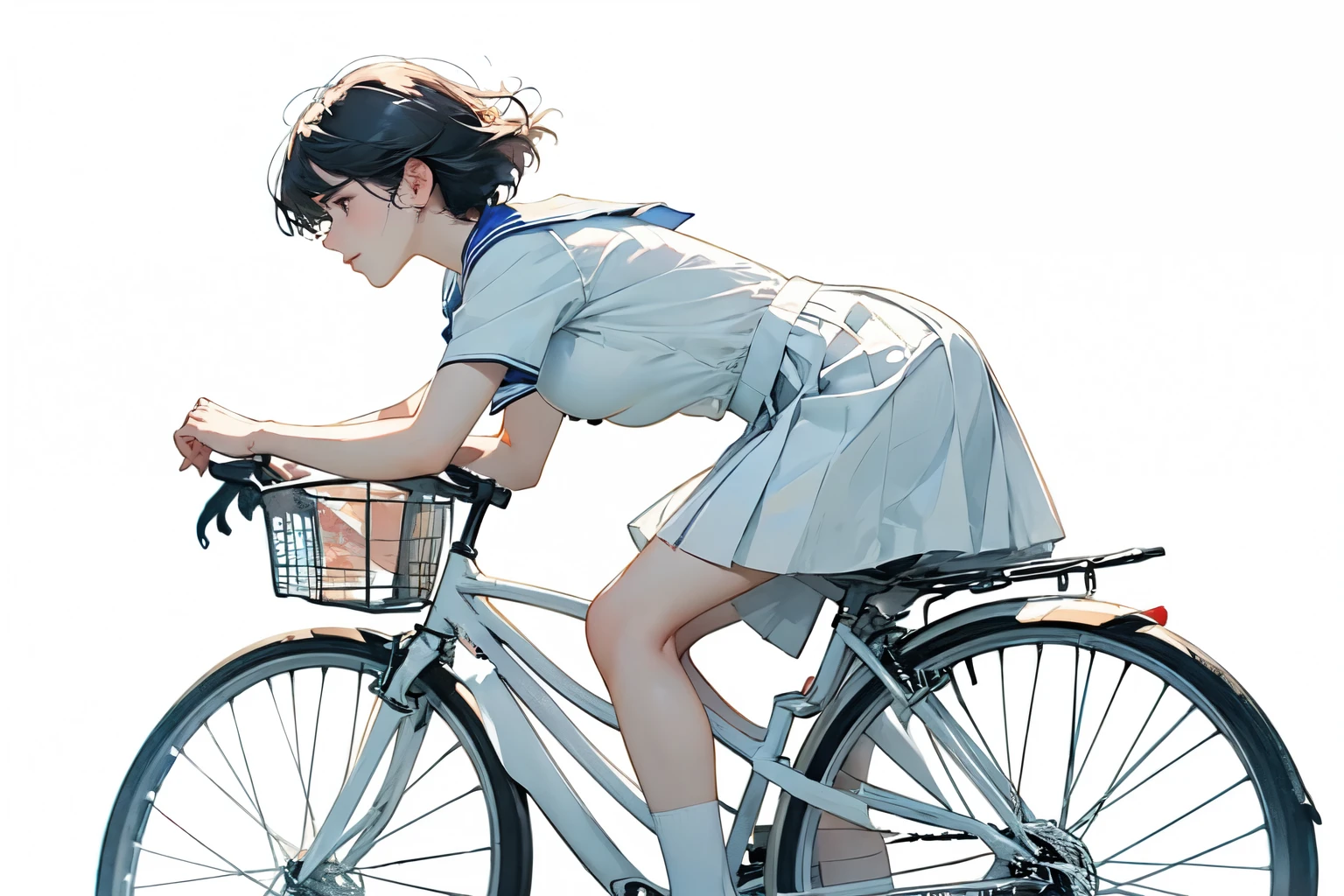 (highest quality、masterpiece)、(A  riding a bicycle、Mamachari、alone、whole)、(From the side)、(Cute Face)、short hair、White Sailor Suit、uniform、Long skirt、Pleated skirt、shoes、(No background)、White Background、Blur the background、(Watercolor of singer Sargent)、Impressionist style painting、