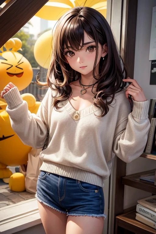 1 chica en, edad19, Solo, pelo largo, Colosal , mirando al espectador, pelo rubio, hombros descubiertos, Brown eyes, joya, cuerpo completo, un collar, fuera de los hombros, Sweaters, realista, un sexy