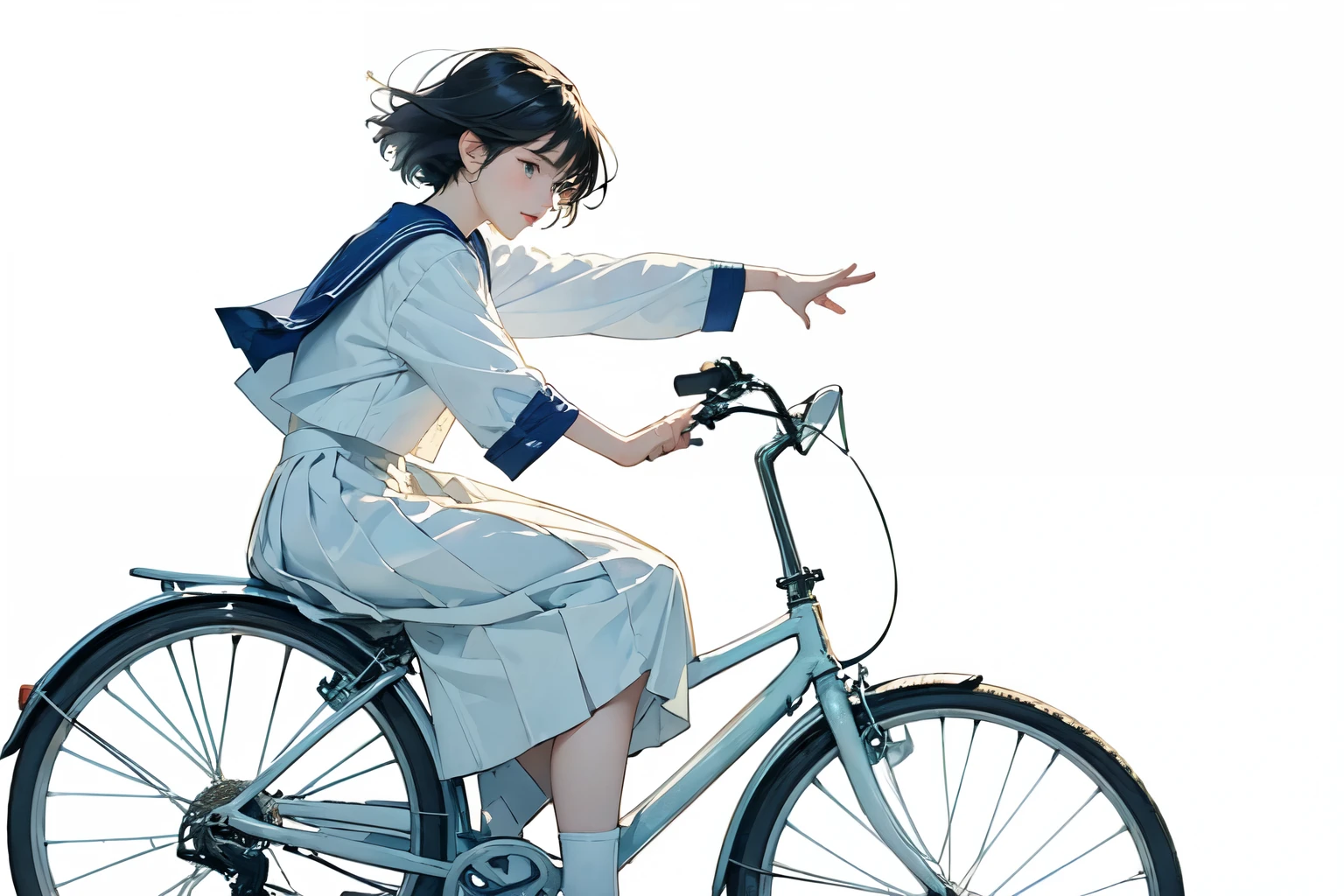 (highest quality、masterpiece)、(A  riding a bicycle、Mamachari、alone、whole)、(From the side)、(Cute Face)、short hair、White Sailor Suit、uniform、Long skirt、Pleated skirt、shoes、(No background)、White Background、Blur the background、(Watercolor of singer Sargent)、Impressionist style painting、