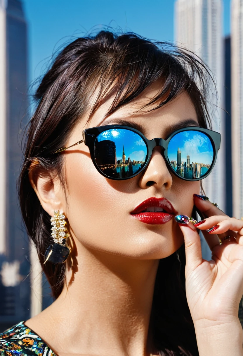 A woman with sunglasses and nail decorations is shown with a cityscape reflected in her glasses.