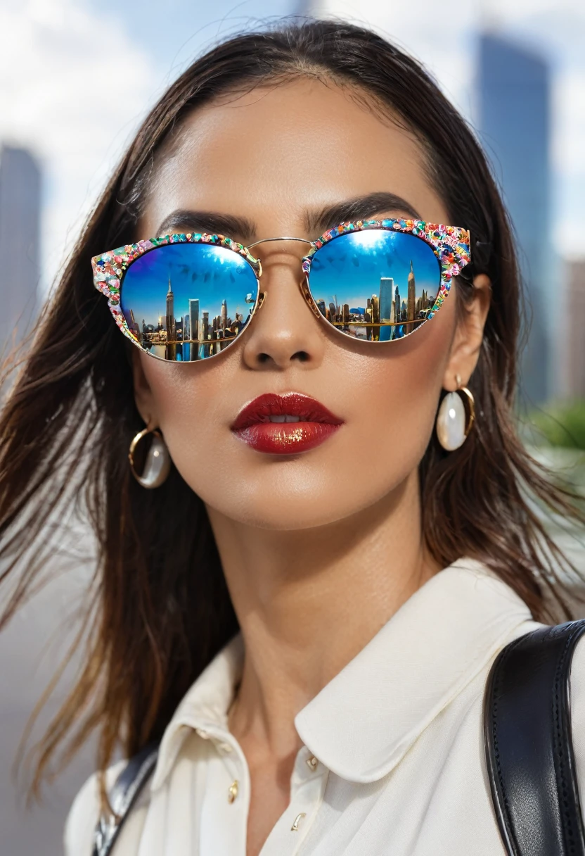 A woman with sunglasses and nail decorations is shown with a cityscape reflected in her glasses.