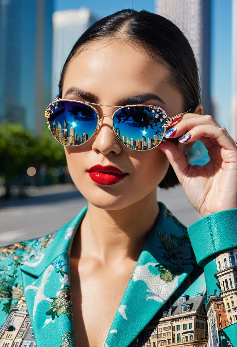 A woman with sunglasses and nail decorations is shown with a cityscape reflected in her glasses.