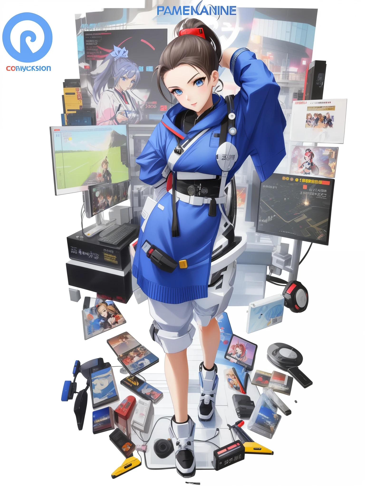 (ponytail forehead hair pulled back:1.3), anime character with various character and game icons on a white background, 2 d anime style, 2d art cover, fully robotic!! girl, hq artwork, anime manga robot!! anime girl, cyber school girl, 2 d anime, official artwork, e - girl, e-girl, video game style, pixiv style, android heroine, cgstation, pixiv