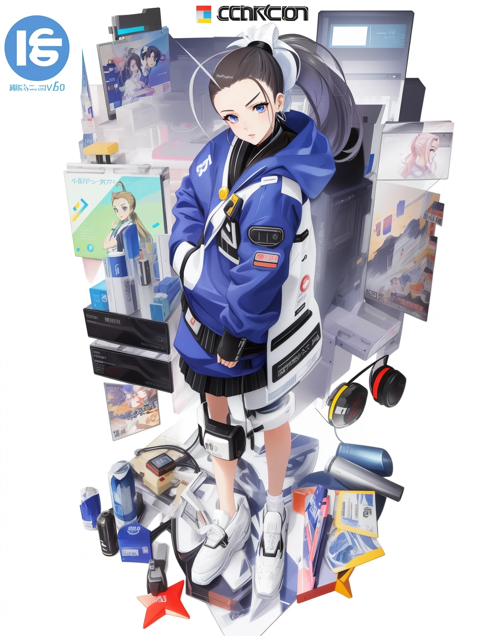 (ponytail forehead hair pulled back:1.3), anime character with various character and game icons on a white background, 2 d anime style, 2d art cover, fully robotic!! girl, hq artwork, anime manga robot!! anime girl, cyber school girl, 2 d anime, official artwork, e - girl, e-girl, video game style, pixiv style, android heroine, cgstation, pixiv