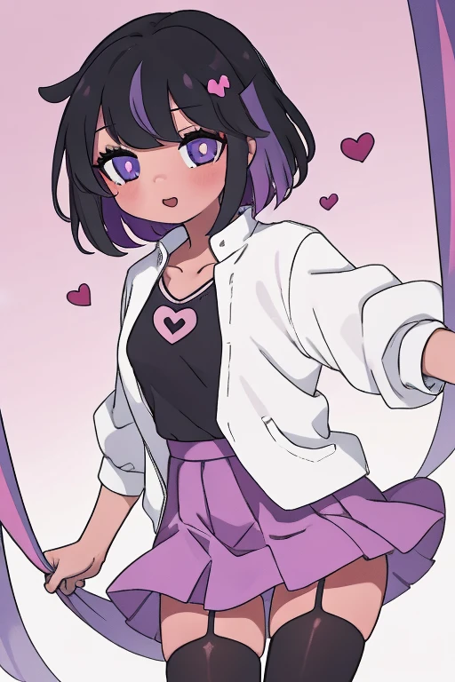 ((Masterpiece, highest quality)), detailed face, full of details, highly detailed, depth, many parts, 1girl, girl in a skirt, :3, short hair, bangs, multicolored hair, two-tone hair, gradient hair, black hair, black hair with pink tips, [[[[[[[[[pink hair]]]]]]]]], white top, purple skirt, pleated skirt, knee length skirt, stockings, leg warmers, gray eyes, heart (symbol), symbol-shaped pupils